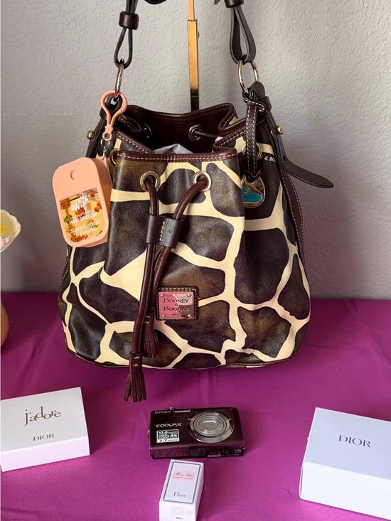 Dooney & Bourke Handbags - Dooney & Bourke Brown and Cream Giraffe-Print Drawstring Bucket Bag